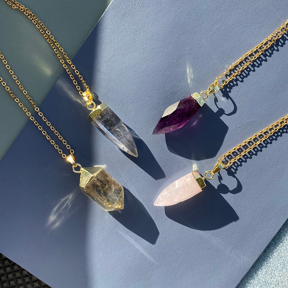 Glow Necklace | Crystal Quartz Rose Quartz Amethyst | Healing Crystal Jewelry | Gemstone Necklace