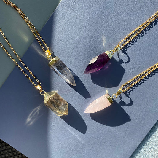 Glow Necklace | Crystal Quartz Rose Quartz Amethyst | Healing Crystal Jewelry | Gemstone Necklace