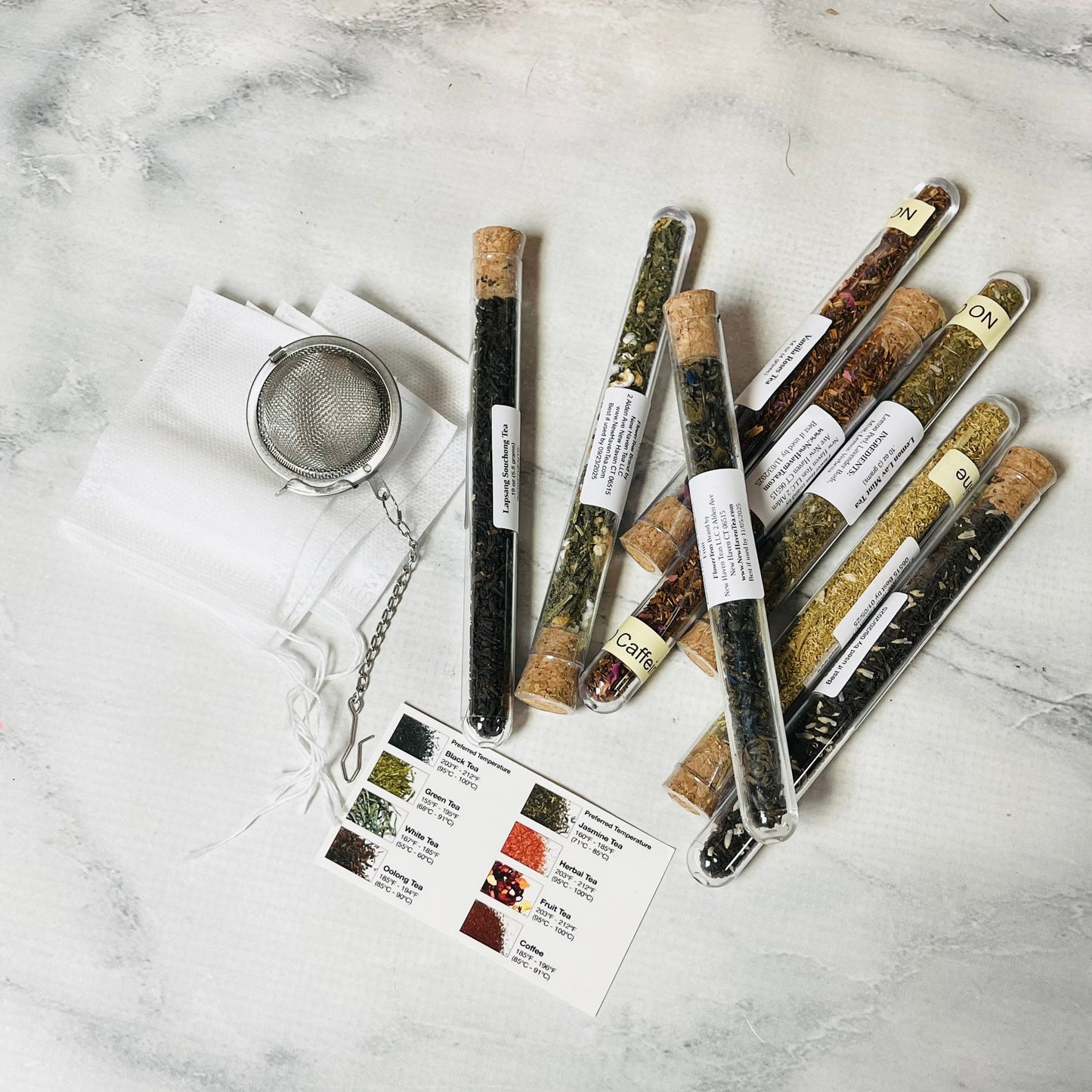 Assorted Tea Blends Gift Set | Test Tube Sampler Kit | 8 Varieties 36 Cups | Mesh Infuser | Fair Trade