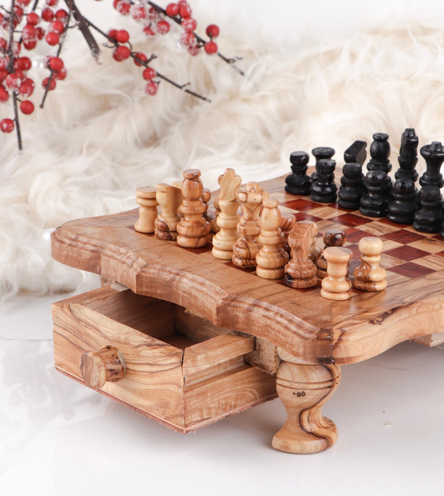 Chess Set with Wavy-Edged Board | Rustic Legs & Red Squares | Olive Wood | Handcrafted Tunisian | Eco-Friendly