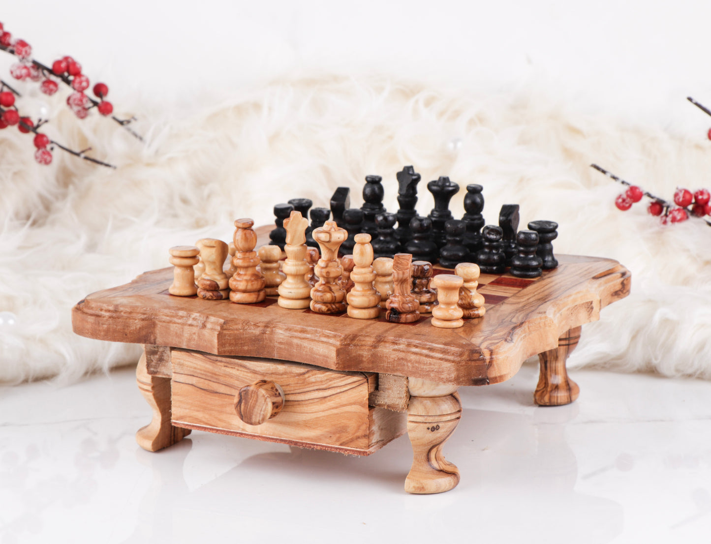 Chess Set with Wavy-Edged Board | Rustic Legs & Red Squares | Olive Wood | Handcrafted Tunisian | Eco-Friendly