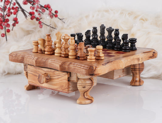 Chess Set with Wavy-Edged Board | Rustic Legs & Red Squares | Olive Wood | Handcrafted Tunisian | Eco-Friendly