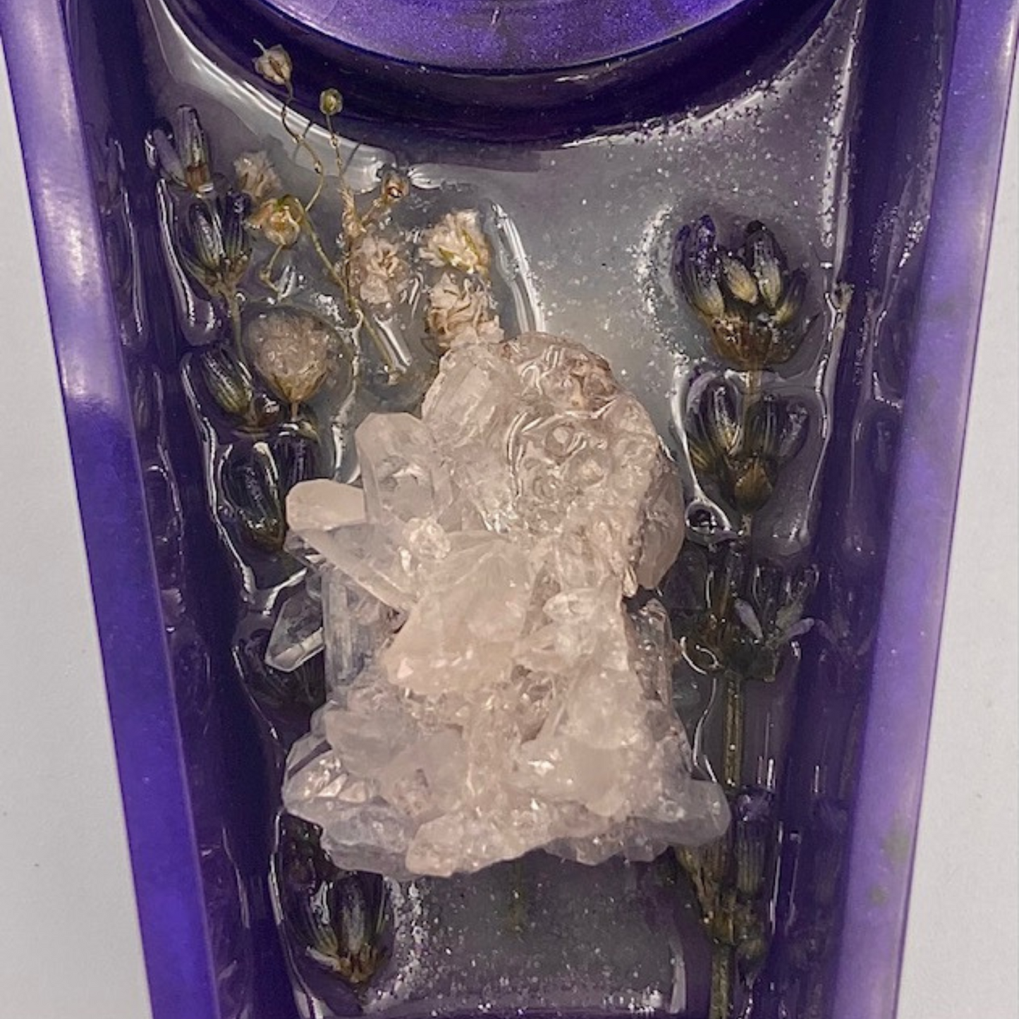 Spiritual Coffin Tea Light Candle Holder | Clear Quartz | Incense Holder | Crescent Moon | Lavender
