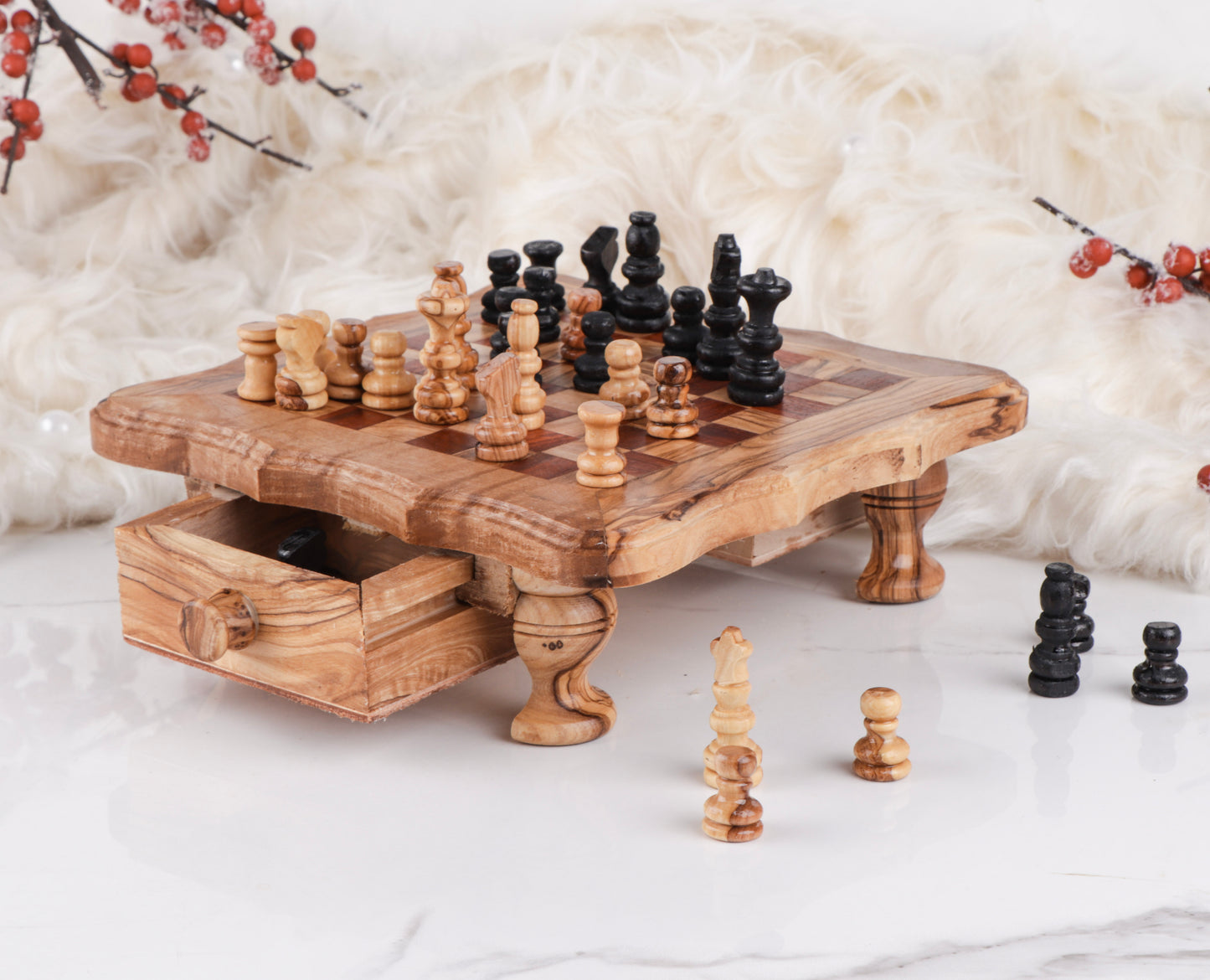 Chess Set with Wavy-Edged Board | Rustic Legs & Red Squares | Olive Wood | Handcrafted Tunisian | Eco-Friendly