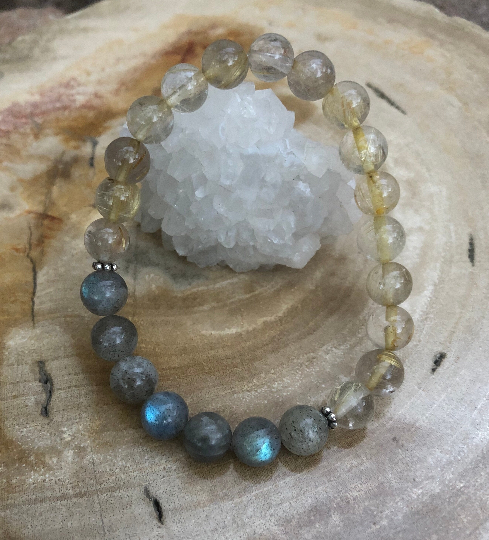 Citrine & Blue Flash Labradorite Stretch Bracelet | Natural Gemstone Healing Bracelet | Chakra Jewelry