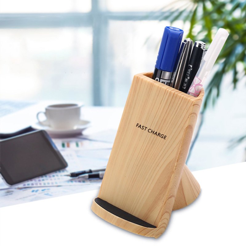 Wood Grain Wireless Charging Pen Container | Qi Compatible | Desk Organizer | LED Display | Office
