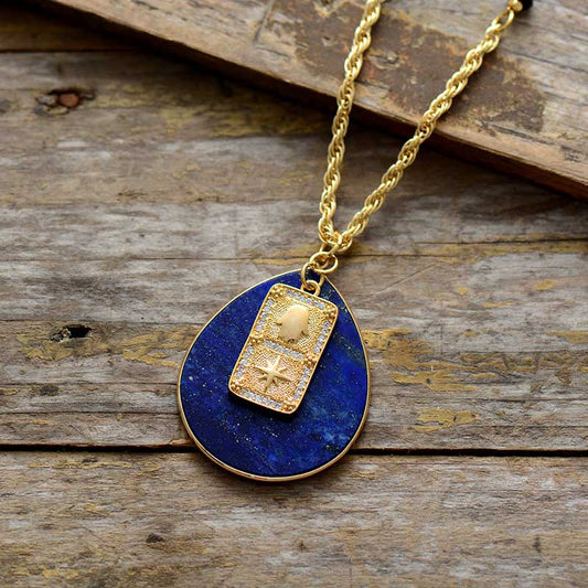Lapis Lazuli Spiritual Teardrop Necklace | Natural Stone Jewelry | Bohemian | Zirconia & Agate | 19.7"