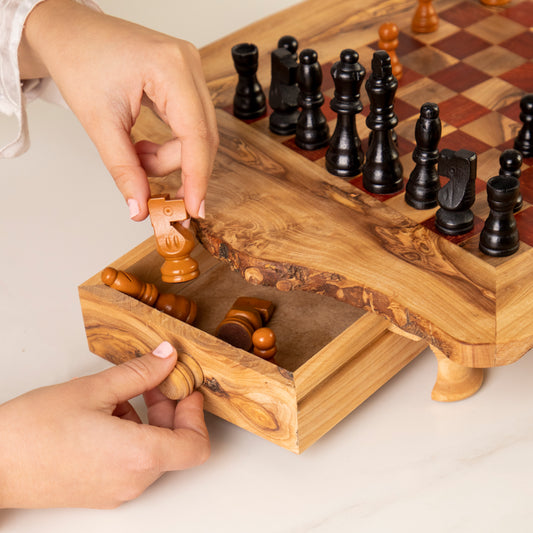 Handcrafted Olive Wood Chess Set | Drawers & Legs | Red Squares | Luxury Chess Board | Eco-Friendly Game