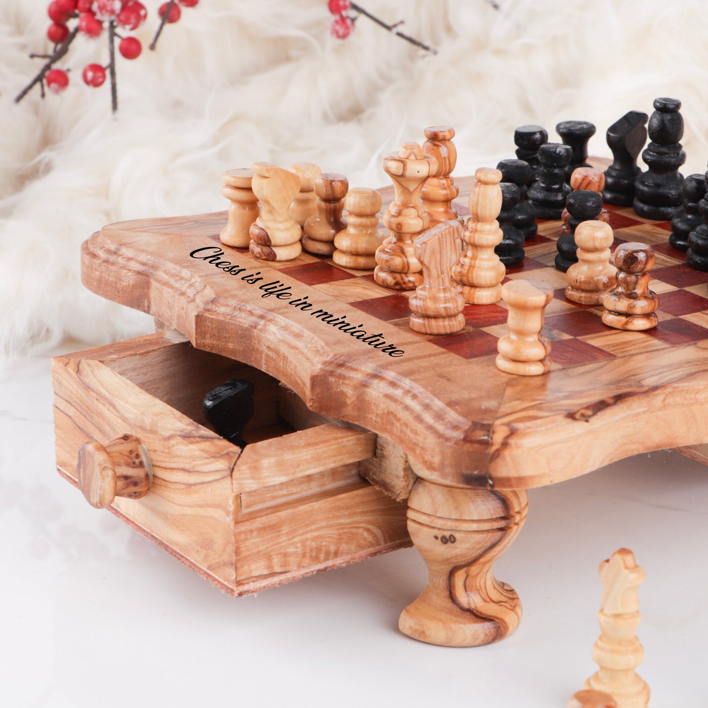 Chess Set with Wavy-Edged Board | Rustic Legs & Red Squares | Olive Wood | Handcrafted Tunisian | Eco-Friendly