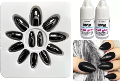 Artificial Metallic Mirror Shine Black Nail Art | Press-On Nails | With Glue | Pack | Gothic Style