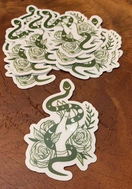 Green Goddess Sticker | 3x2 Vinyl | Serpent Rose Moon Cycle | Spiritual Symbolism | Nadezda Makushkina