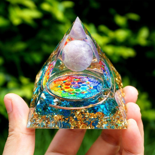 Handmade Amethyst Orgone Pyramid | Crystal Sphere Copper Blue Quartz | EMF Protection Energy