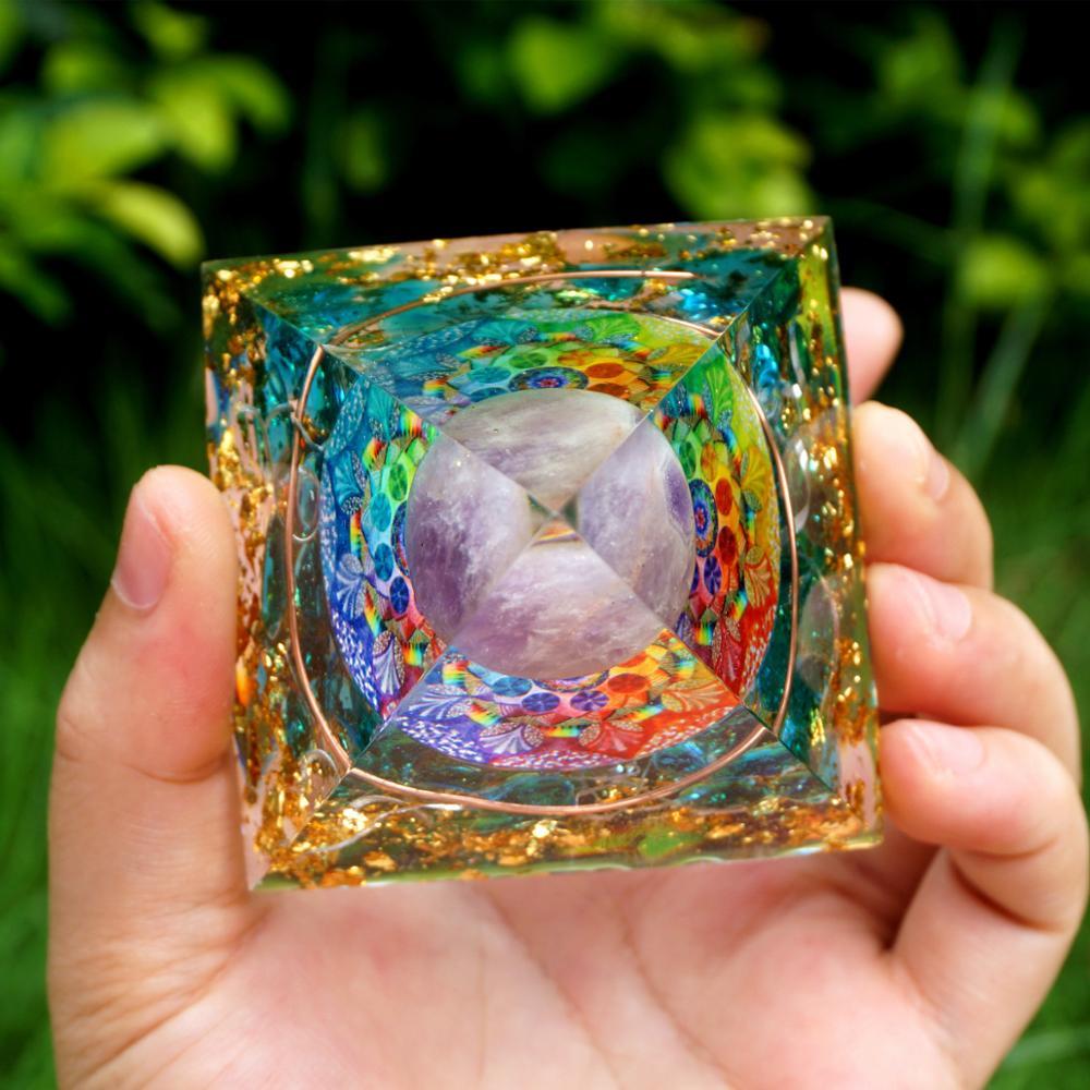 Handmade Amethyst Orgone Pyramid | Crystal Sphere Copper Blue Quartz | EMF Protection Energy