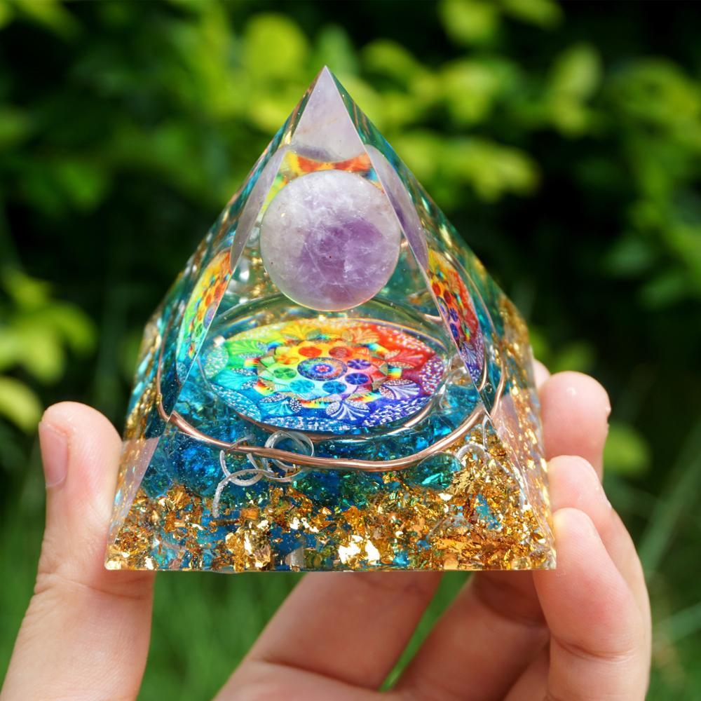 Handmade Amethyst Orgone Pyramid | Crystal Sphere Copper Blue Quartz | EMF Protection Energy