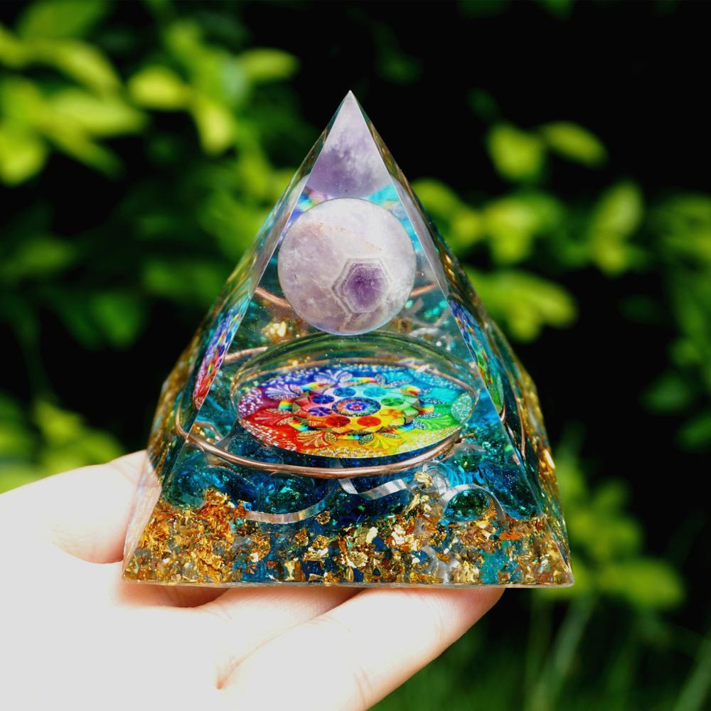 Handmade Amethyst Orgone Pyramid | Crystal Sphere Copper Blue Quartz | EMF Protection Energy