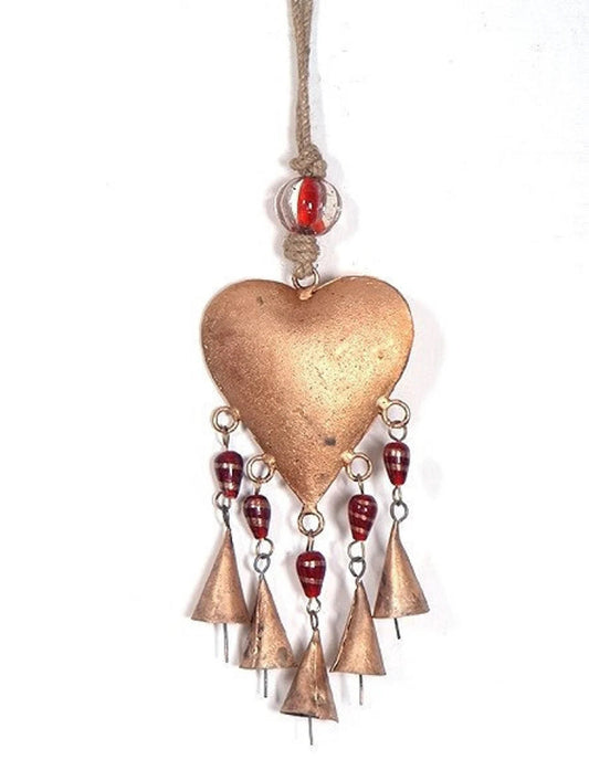 Red Glass Beads Heart Shaped Wind Chimes | 5 Bells | Handmade Iron | 13" x 4" | Romantic Home Decor