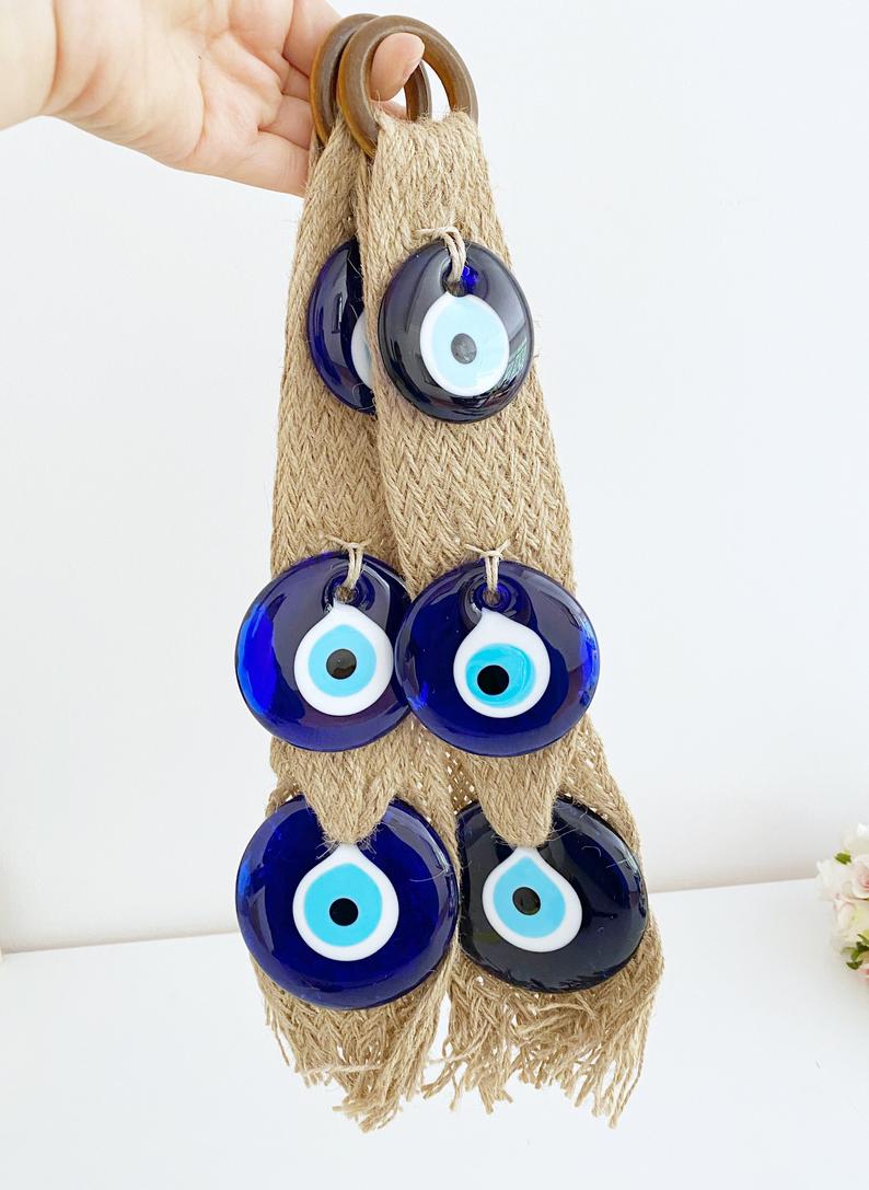 Macrame Evil Eye Wall Hanging | Blue Evil Eye Bead | Greek Protection | Handmade | 38cm Home Decor