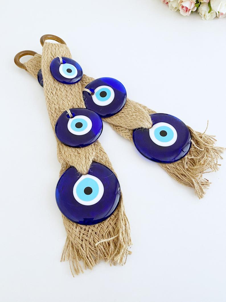 Macrame Evil Eye Wall Hanging | Blue Evil Eye Bead | Greek Protection | Handmade | 38cm Home Decor