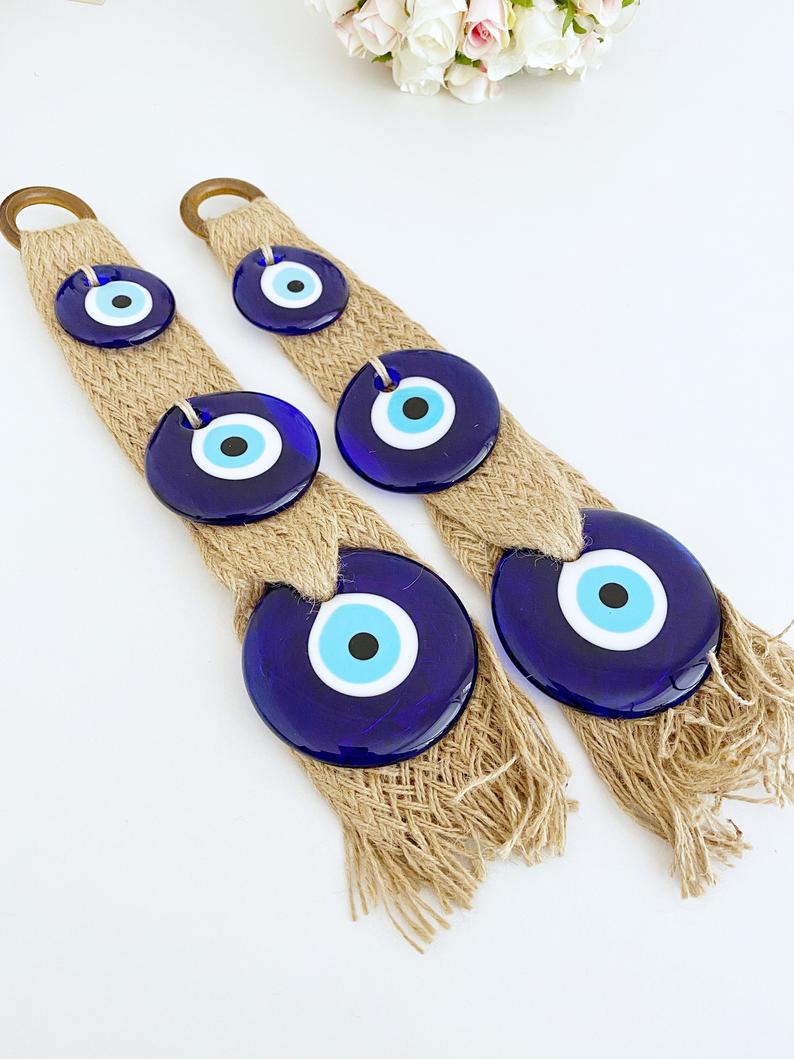 Macrame Evil Eye Wall Hanging | Blue Evil Eye Bead | Greek Protection | Handmade | 38cm Home Decor