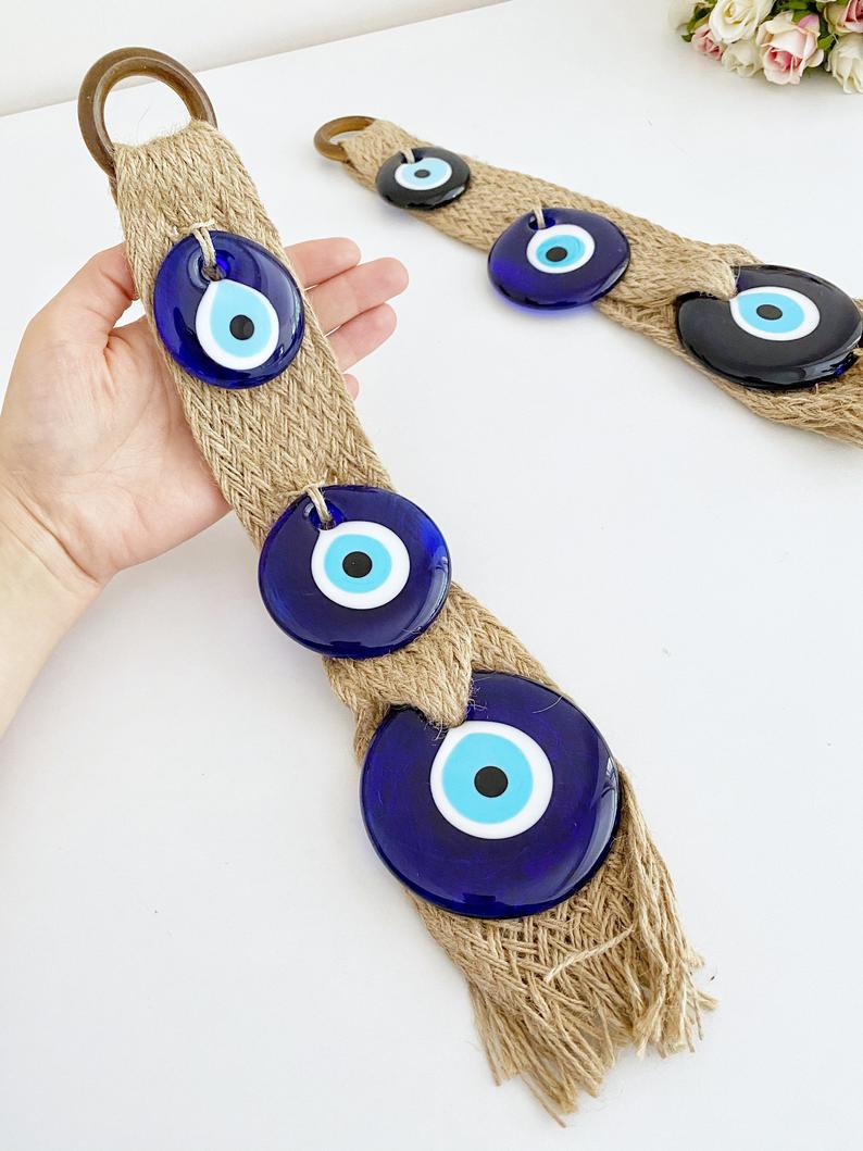 Macrame Evil Eye Wall Hanging | Blue Evil Eye Bead | Greek Protection | Handmade | 38cm Home Decor