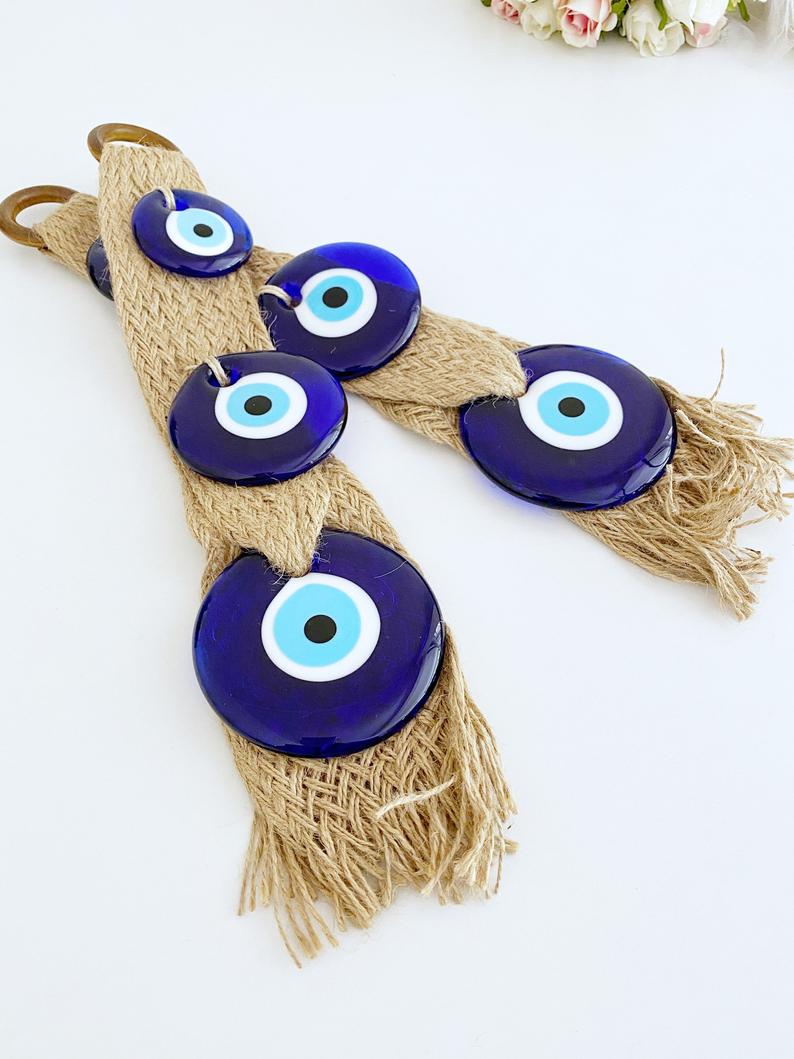 Macrame Evil Eye Wall Hanging | Blue Evil Eye Bead | Greek Protection | Handmade | 38cm Home Decor