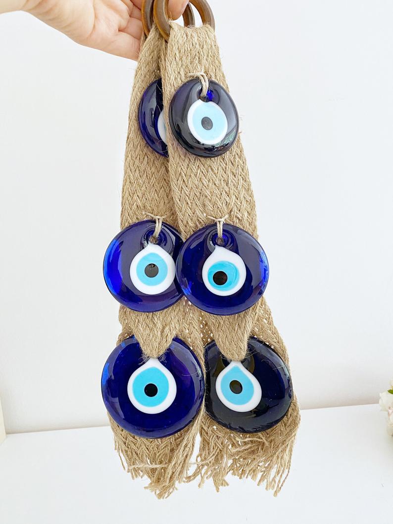 Macrame Evil Eye Wall Hanging | Blue Evil Eye Bead | Greek Protection | Handmade | 38cm Home Decor