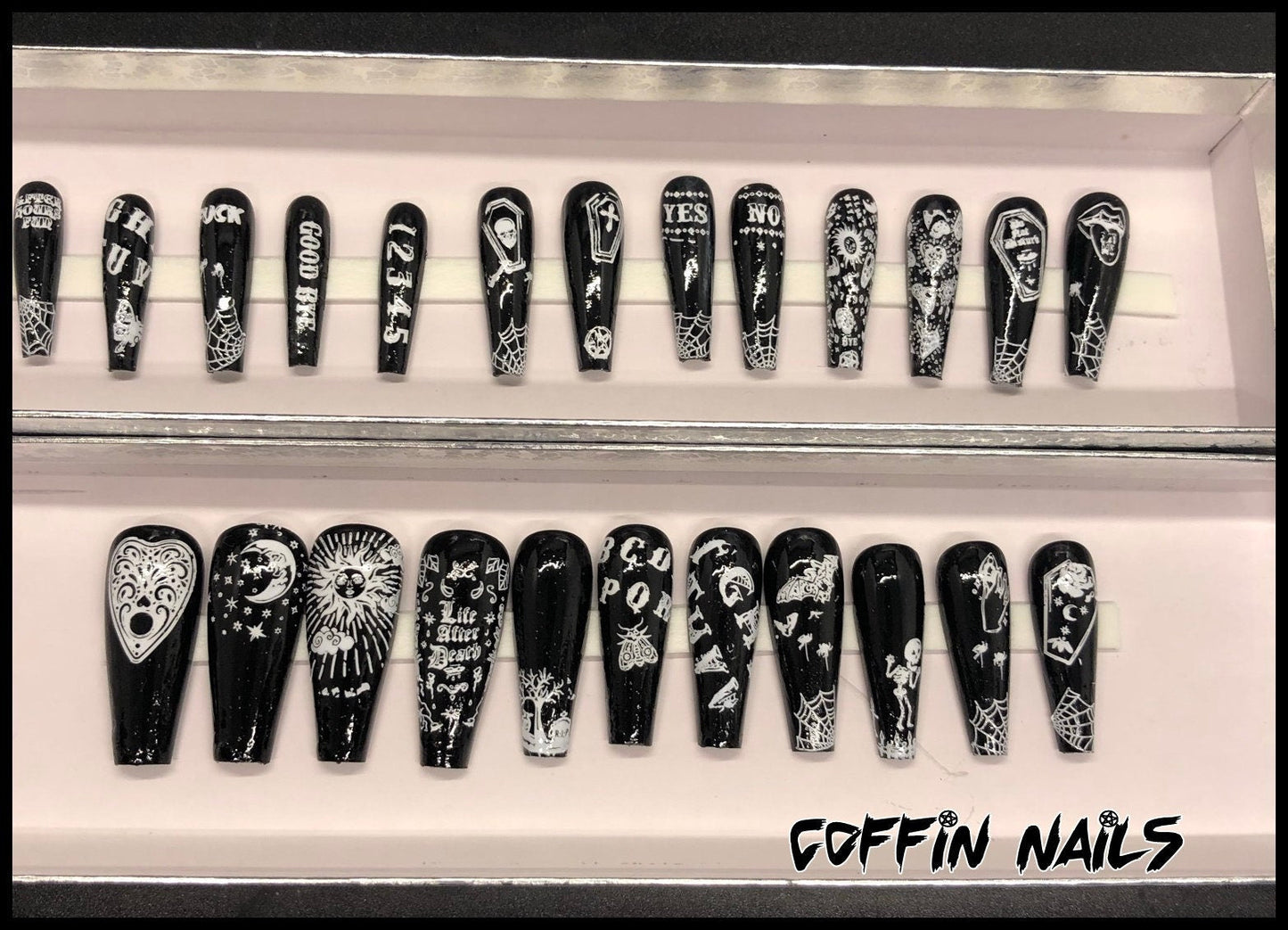 Ouija Board Press On Nails | Gothic Fake Nails | Witchy Nail Art | 24 Piece Set | Stiletto Coffin Short