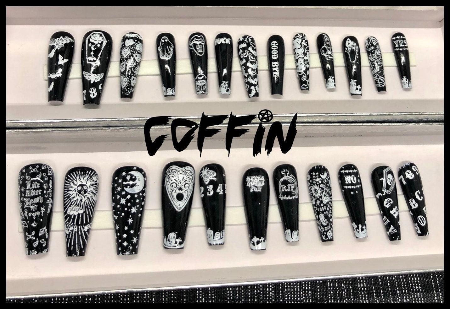 Ouija Board Press On Nails | Gothic Fake Nails | Witchy Nail Art | 24 Piece Set | Stiletto Coffin Short