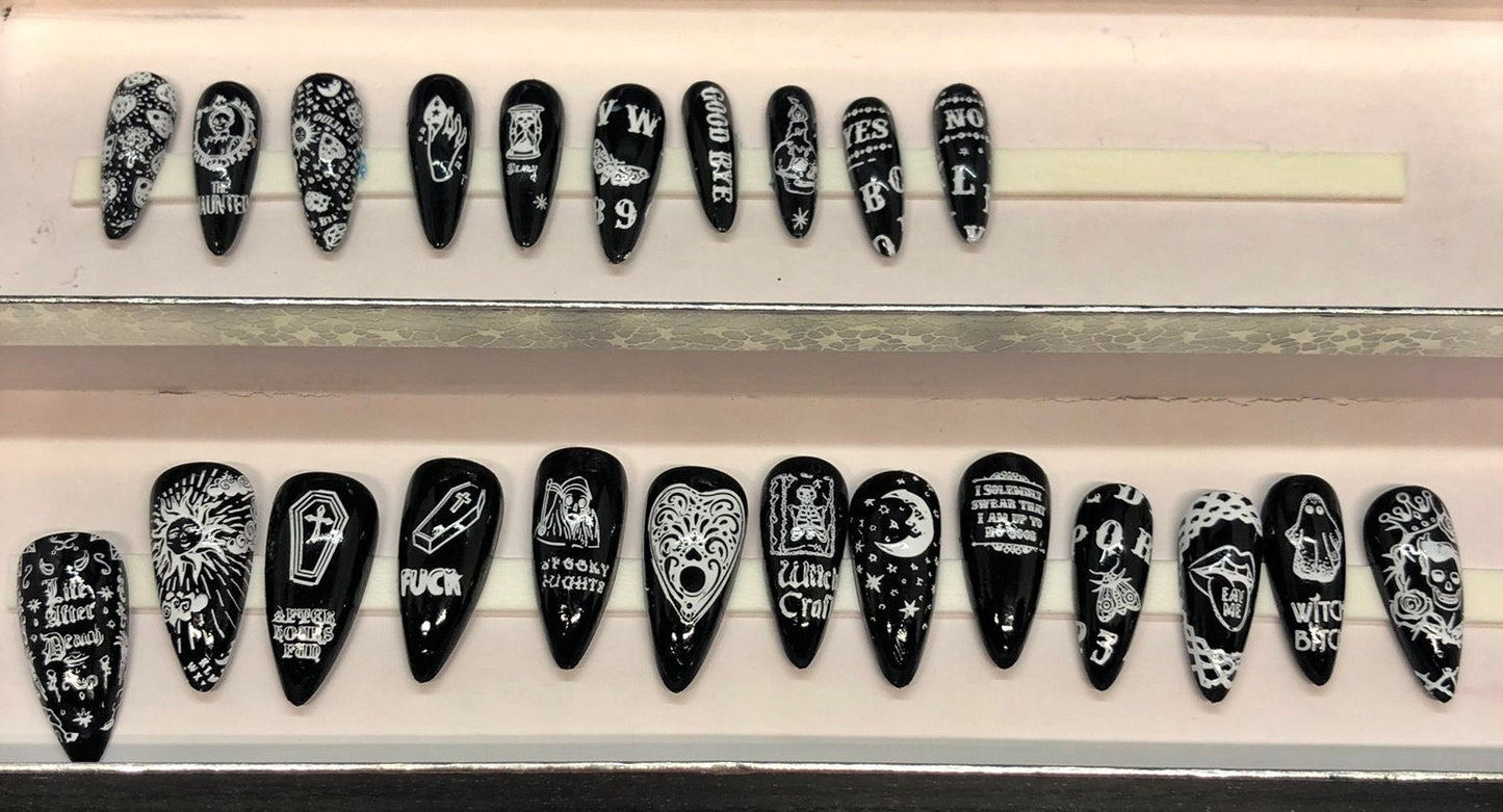 Ouija Board Press On Nails | Gothic Fake Nails | Witchy Nail Art | 24 Piece Set | Stiletto Coffin Short