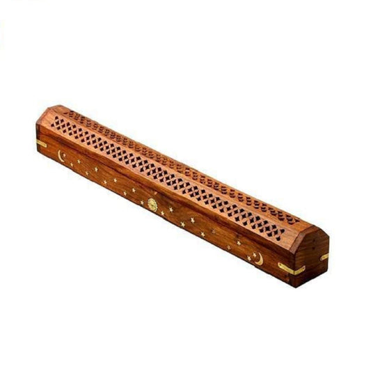 Celestial Wood Incense Burner | 18" Ash Catcher | Storage Box | Hand-Carved | Cone & Stick Burner