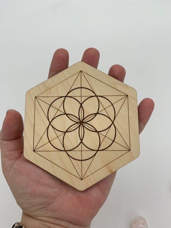 Portable Crystal Love Grid | Rose Quartz Sacred Geometry | Self-Love | 4" Maple Wood | Reiki Charged