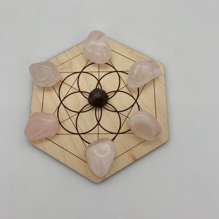 Portable Crystal Love Grid | Rose Quartz Sacred Geometry | Self-Love | 4" Maple Wood | Reiki Charged