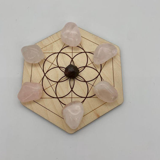 Portable Crystal Love Grid | Rose Quartz Sacred Geometry | Self-Love | 4" Maple Wood | Reiki Charged