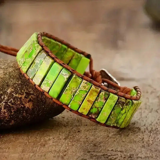 Green Jasper Agate Stone Bracelet | Bohemian Nature Jewelry | Lace-Up Design | 6.5" | Semi-Precious