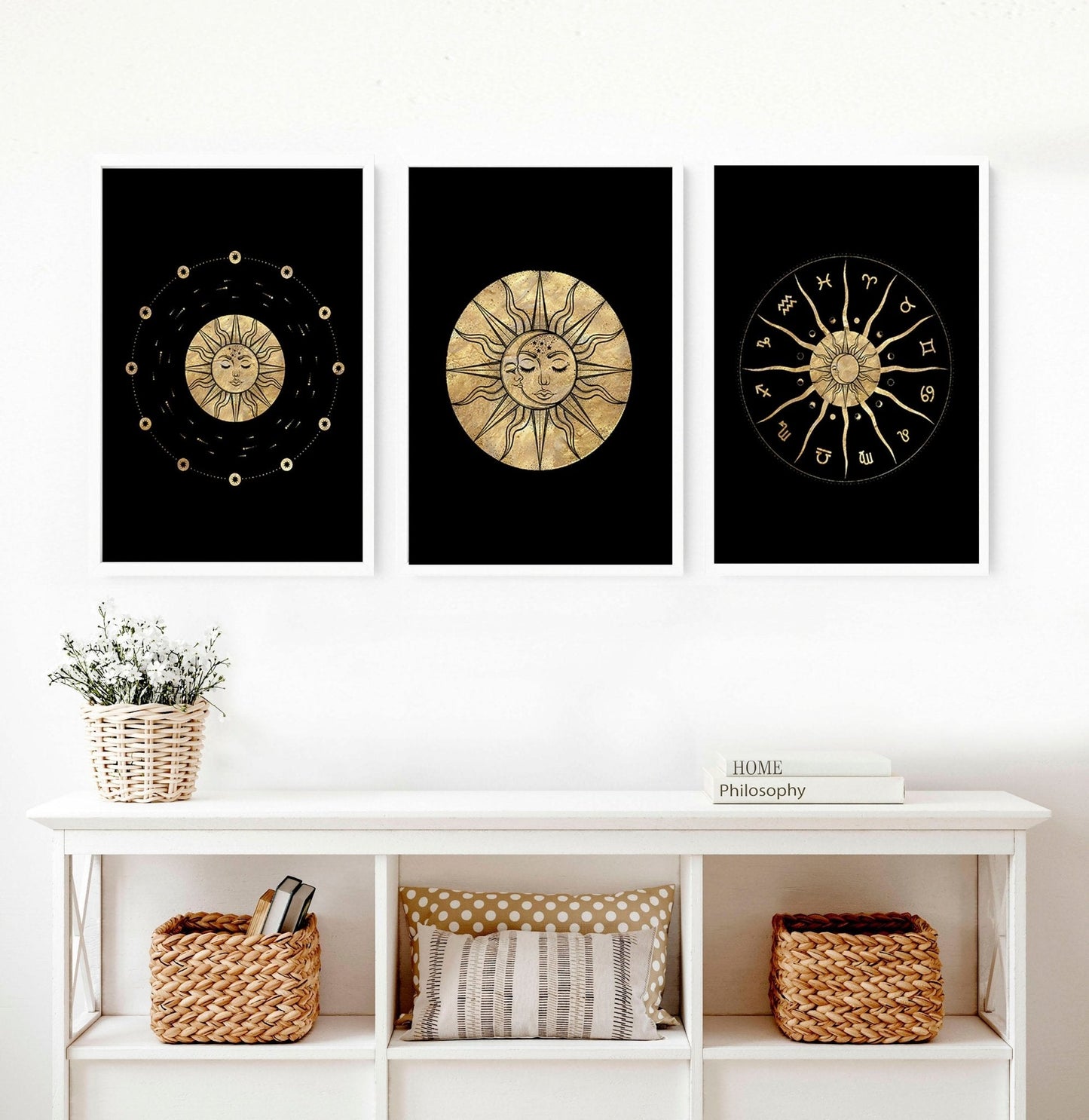 Sun and Moon Drawing Set of 3 Framed Wall Art | Gold Wall Art | Living Room Decor | Celestial Art