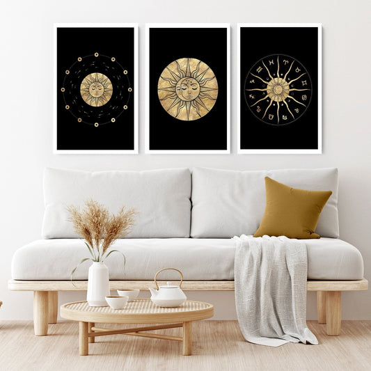 Sun and Moon Drawing Set of 3 Framed Wall Art | Gold Wall Art | Living Room Decor | Celestial Art
