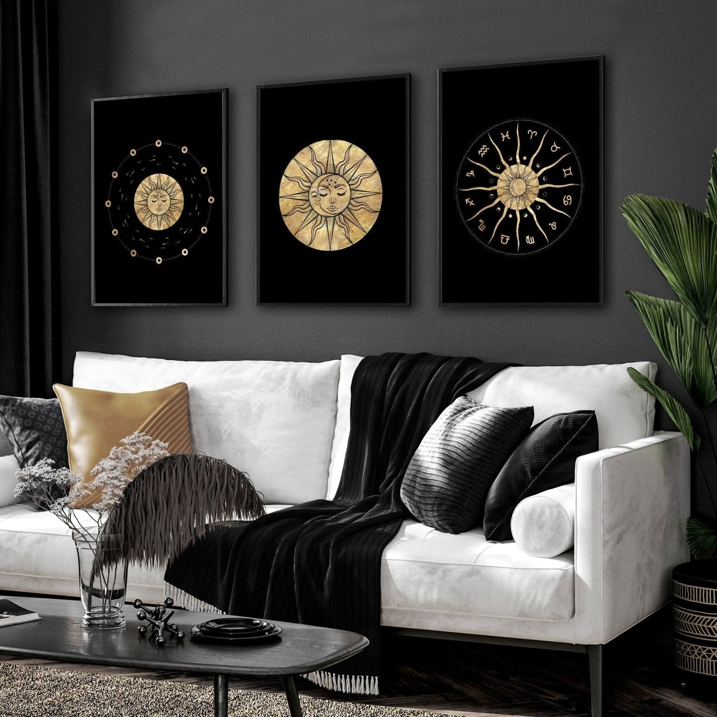 Sun and Moon Drawing Set of 3 Framed Wall Art | Gold Wall Art | Living Room Decor | Celestial Art