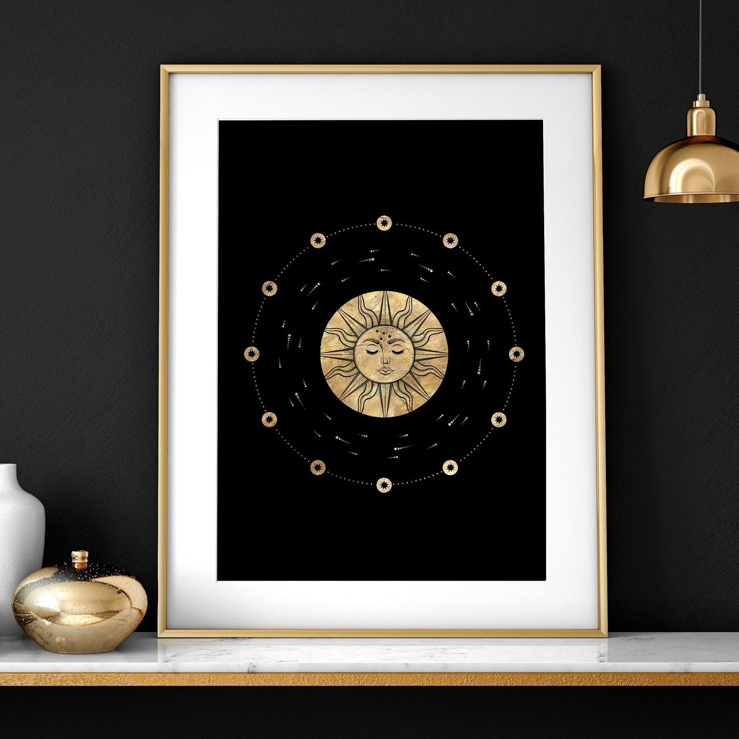 Sun and Moon Drawing Set of 3 Framed Wall Art | Gold Wall Art | Living Room Decor | Celestial Art