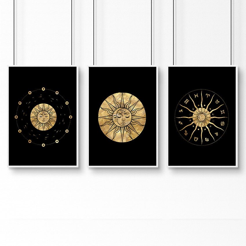 Sun and Moon Drawing Set of 3 Framed Wall Art | Gold Wall Art | Living Room Decor | Celestial Art