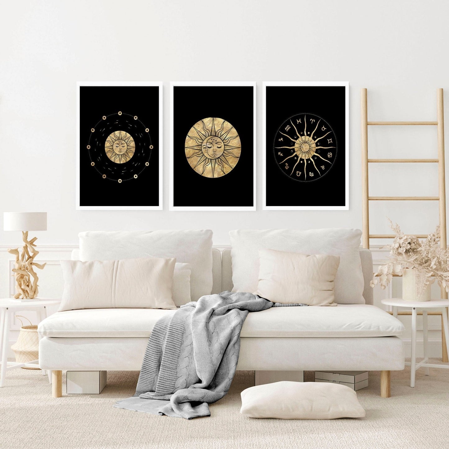 Sun and Moon Drawing Set of 3 Framed Wall Art | Gold Wall Art | Living Room Decor | Celestial Art