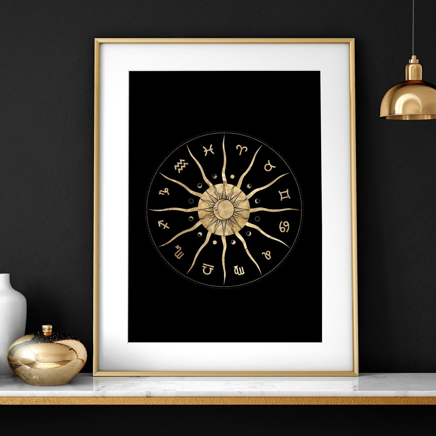 Sun and Moon Drawing Set of 3 Framed Wall Art | Gold Wall Art | Living Room Decor | Celestial Art