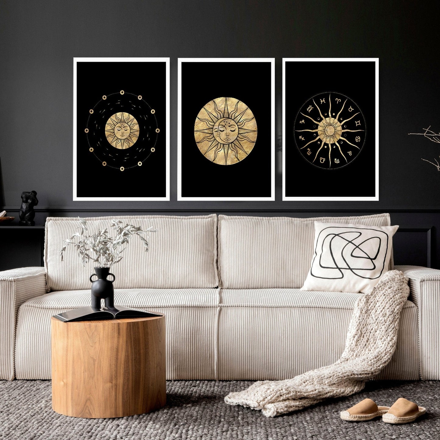 Sun and Moon Drawing Set of 3 Framed Wall Art | Gold Wall Art | Living Room Decor | Celestial Art