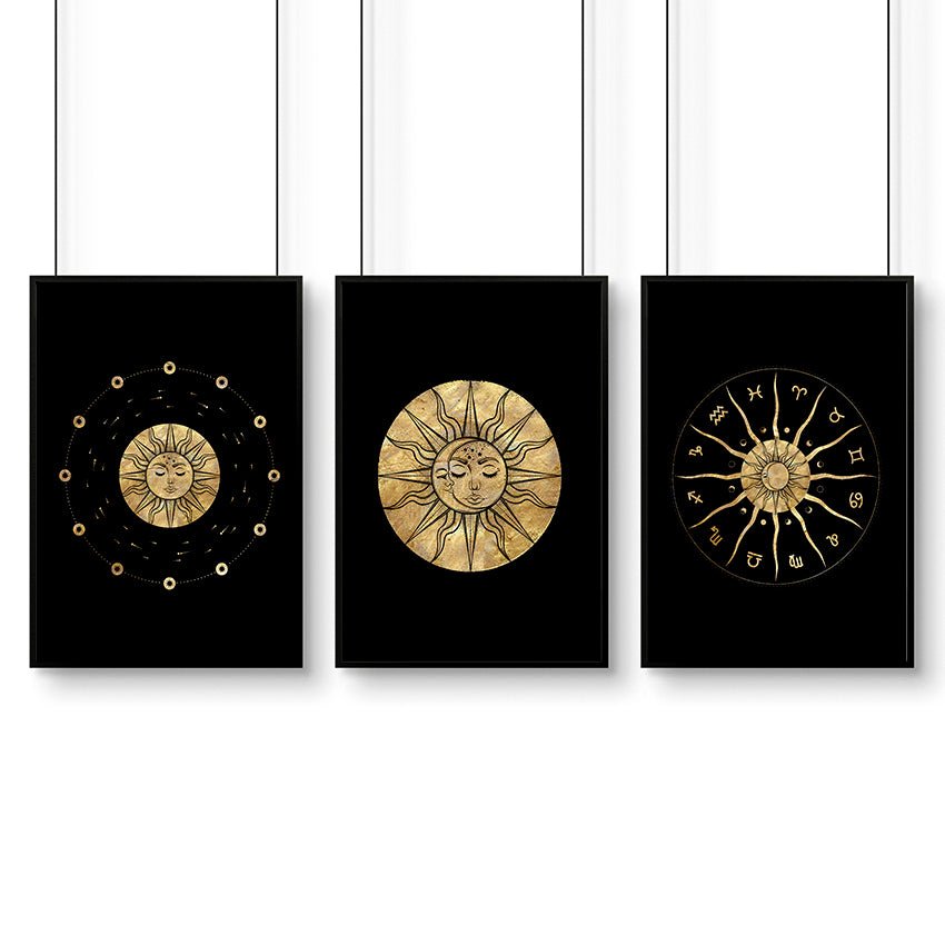 Sun and Moon Drawing Set of 3 Framed Wall Art | Gold Wall Art | Living Room Decor | Celestial Art